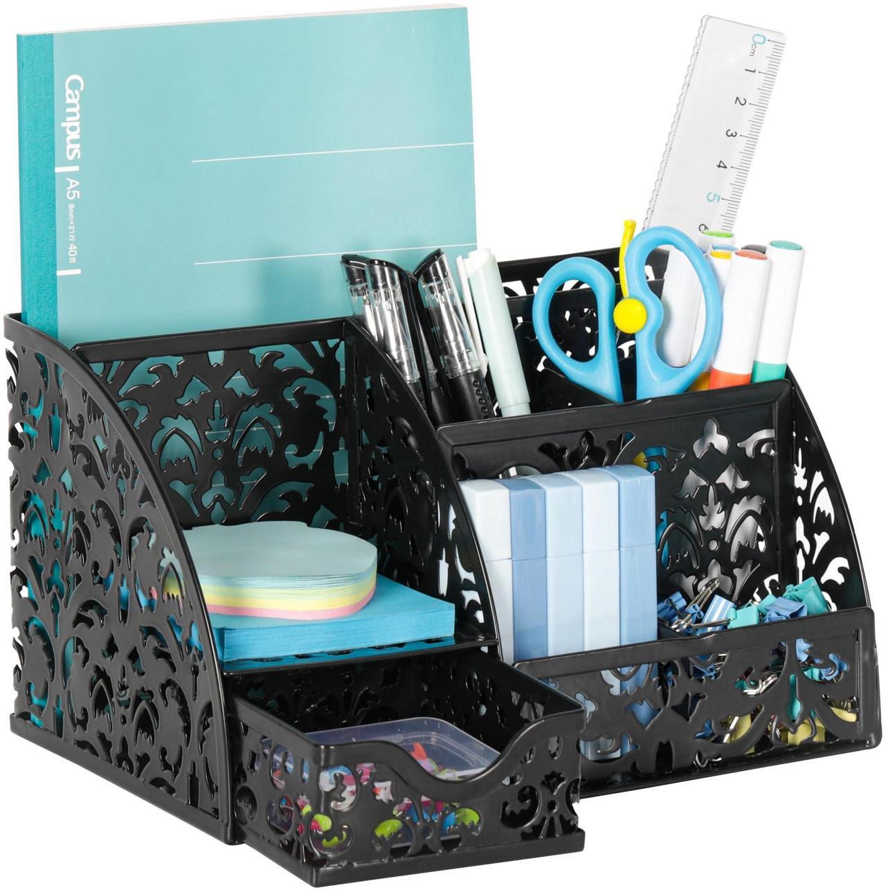 Main image of EasyPAG Elegant Floral Desk Organizer with Sliding Drawer - 6 Compartments Metal Desktop Caddy, Decorative Hollow Flower Design, Anti-Scratch Pads for Home, Office, School, Black