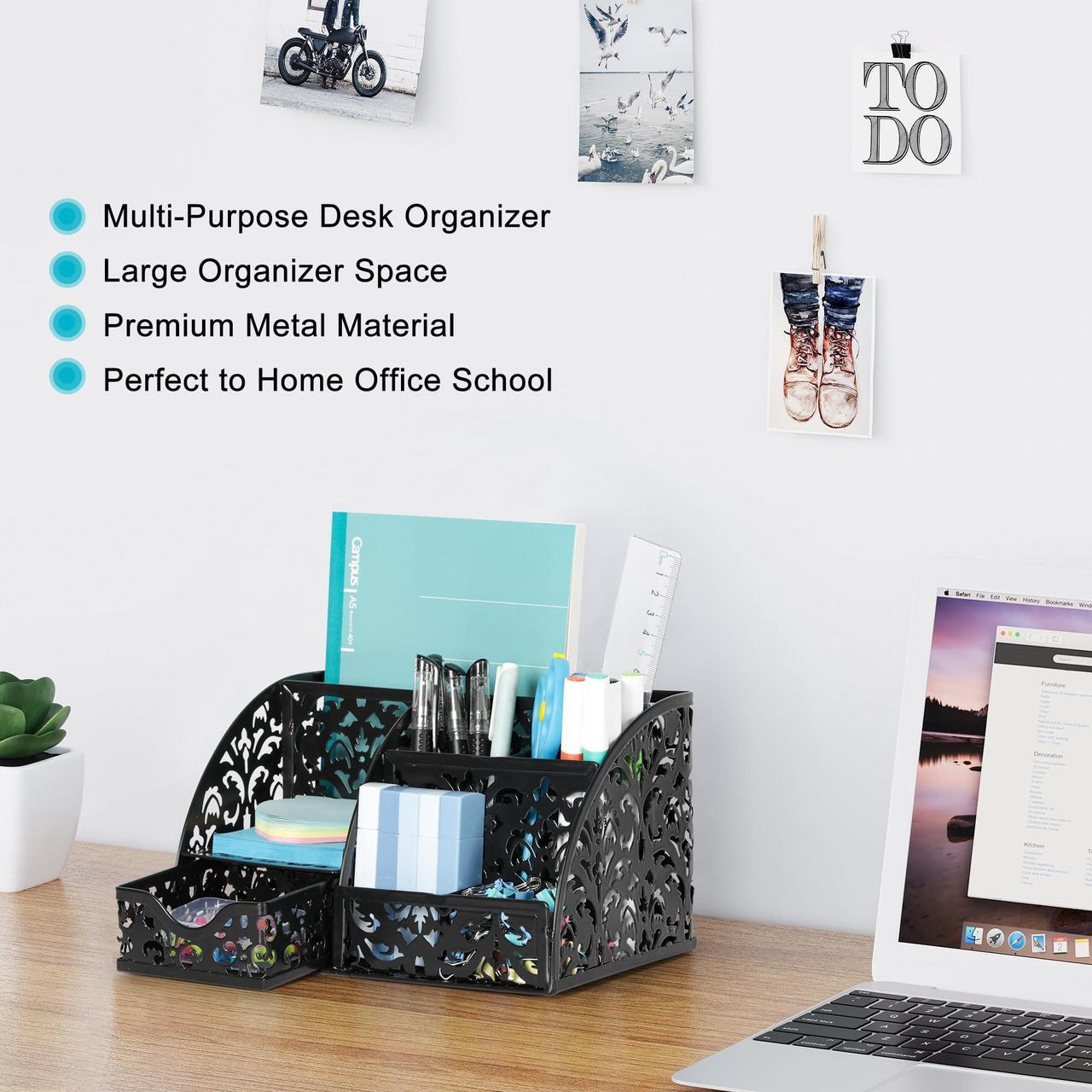 Alt view image 3 of 7 - EasyPAG Elegant Floral Desk Organizer with Sliding Drawer - 6 Compartments Metal Desktop Caddy, Decorative Hollow Flower Design, Anti-Scratch Pads for Home, Office, School, Black