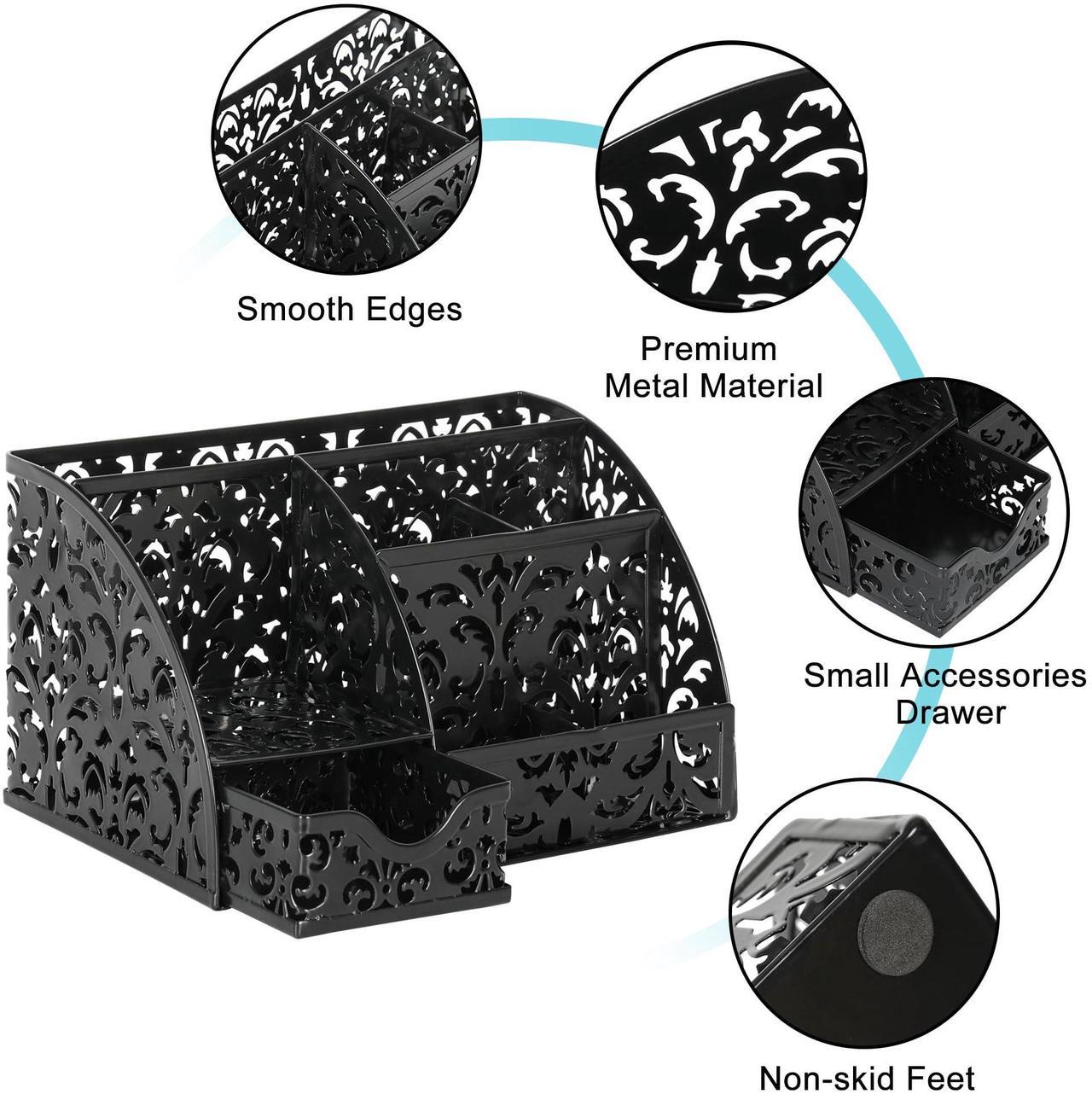 Alt view image 4 of 7 - EasyPAG Elegant Floral Desk Organizer with Sliding Drawer - 6 Compartments Metal Desktop Caddy, Decorative Hollow Flower Design, Anti-Scratch Pads for Home, Office, School, Black