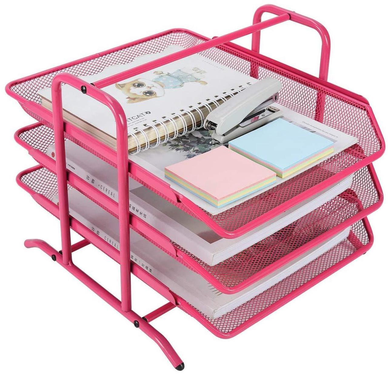 Alt view image 2 of 6 - EasyPAG Desk Organizer Tray with 3 Sliding Trays for Letters Documents Mail Files Paper, Pink