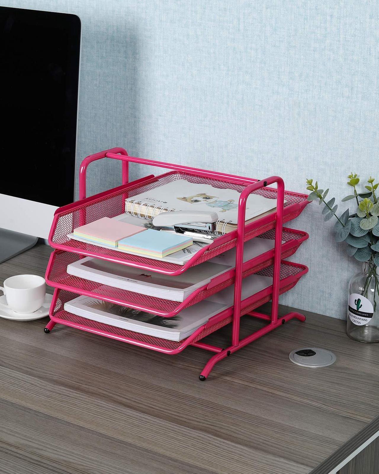 Alt view image 4 of 6 - EasyPAG Desk Organizer Tray with 3 Sliding Trays for Letters Documents Mail Files Paper, Pink