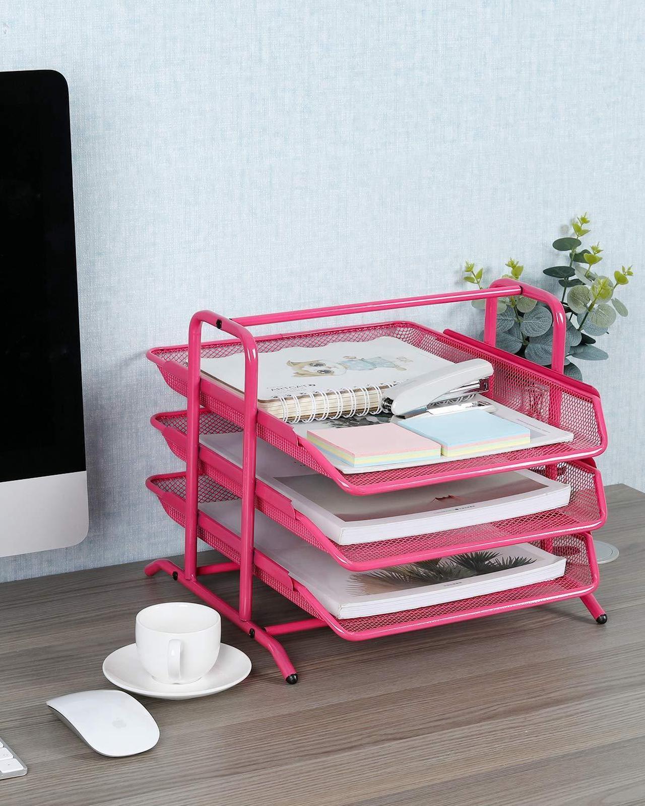 Alt view image 5 of 6 - EasyPAG Desk Organizer Tray with 3 Sliding Trays for Letters Documents Mail Files Paper, Pink