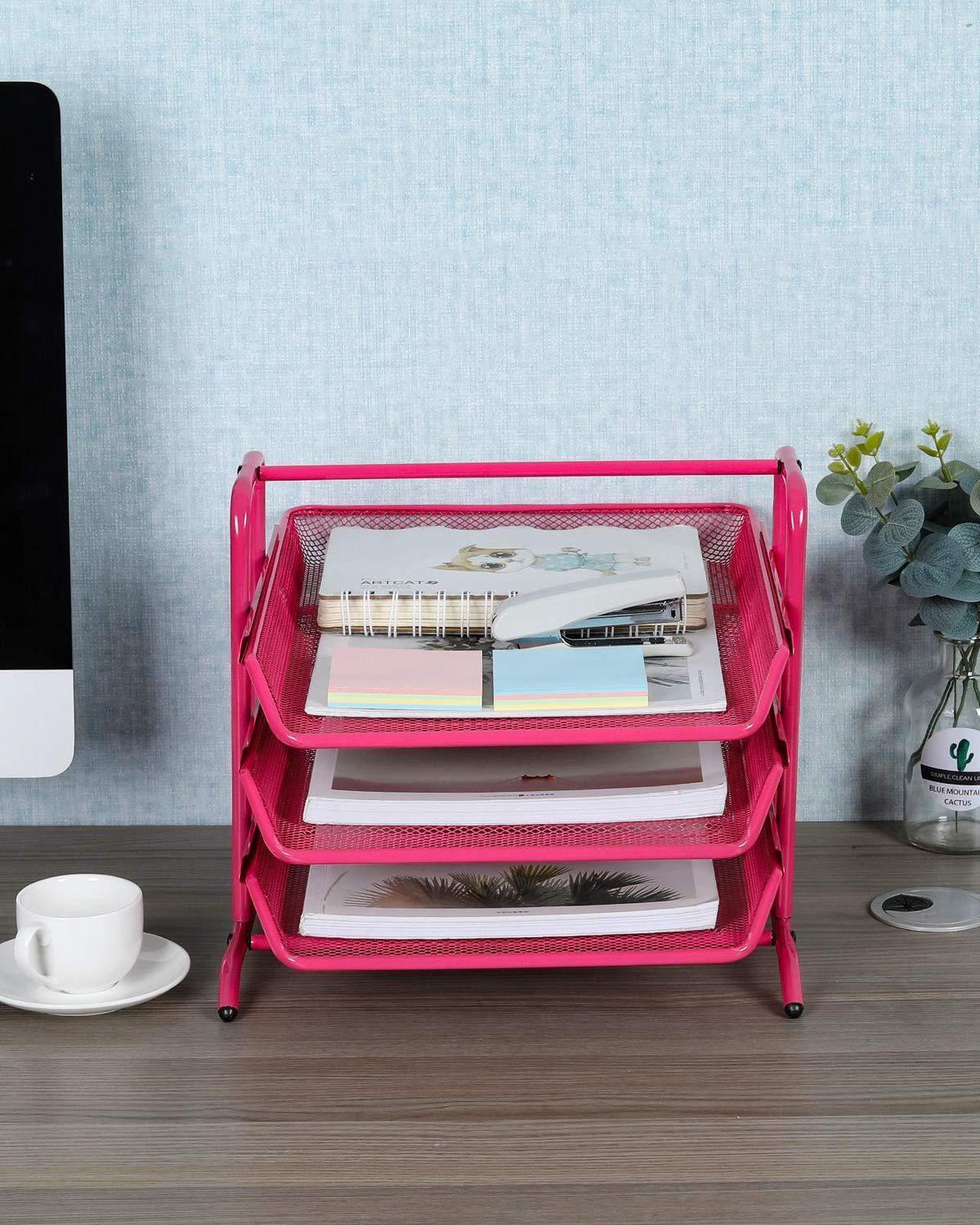 Alt view image 6 of 6 - EasyPAG Desk Organizer Tray with 3 Sliding Trays for Letters Documents Mail Files Paper, Pink