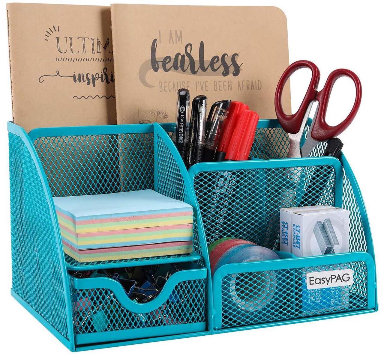 Main image of EasyPAG Mesh Desk Organizer for Women with Drawer - Multi-Functional Office & Makeup Storage, Anti-Scratch Pads, 5 Compartments, Durable Metal Mesh for Home, School, Classroom, Blue