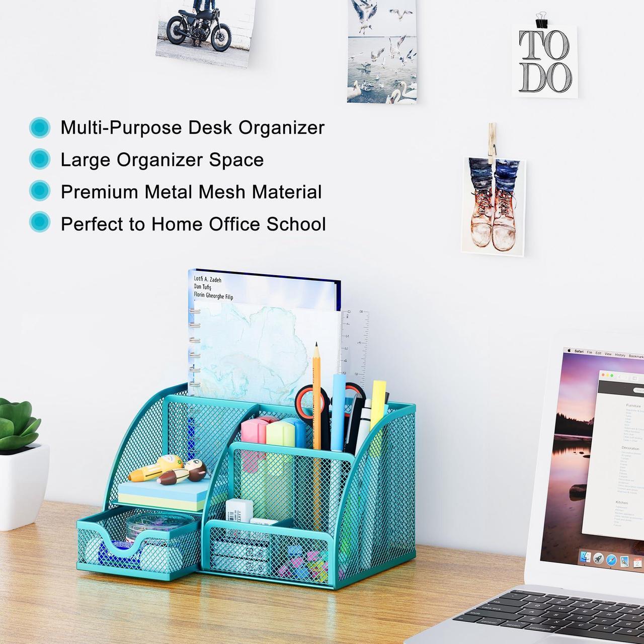 Alt view image 2 of 7 - EasyPAG Mesh Desk Organizer for Women with Drawer - Multi-Functional Office & Makeup Storage, Anti-Scratch Pads, 5 Compartments, Durable Metal Mesh for Home, School, Classroom, Blue