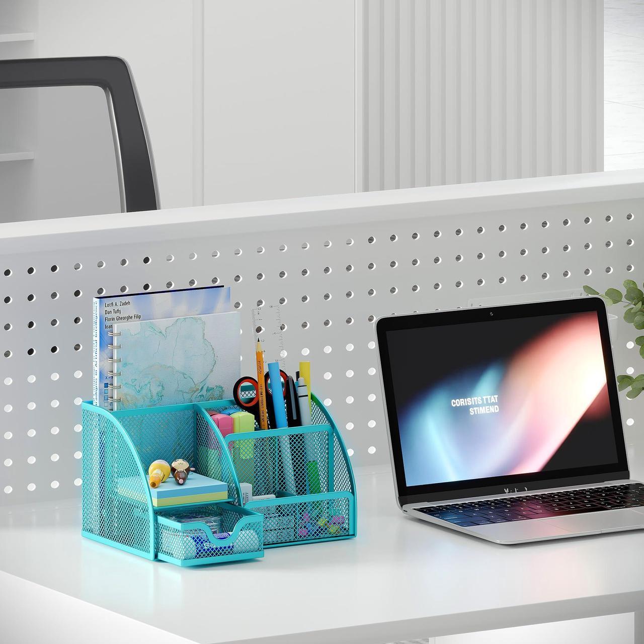 Alt view image 5 of 7 - EasyPAG Mesh Desk Organizer for Women with Drawer - Multi-Functional Office & Makeup Storage, Anti-Scratch Pads, 5 Compartments, Durable Metal Mesh for Home, School, Classroom, Blue