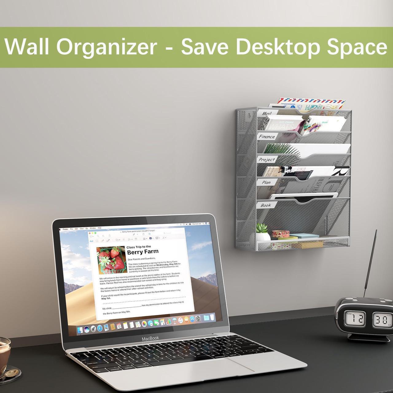 Alt view image 2 of 7 - EasyPAG Mesh Wall Hanging File Organizer 5 Tier Letter-sized Desk/Wall Mount File Holder Mail Organizer for Office Home and Classroom, Silver