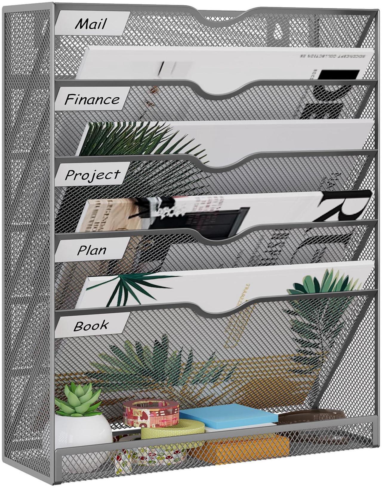 Main image of EasyPAG Mesh Wall Hanging File Organizer 5 Tier Letter-sized Desk/Wall Mount File Holder Mail Organizer for Office Home and Classroom, Silver