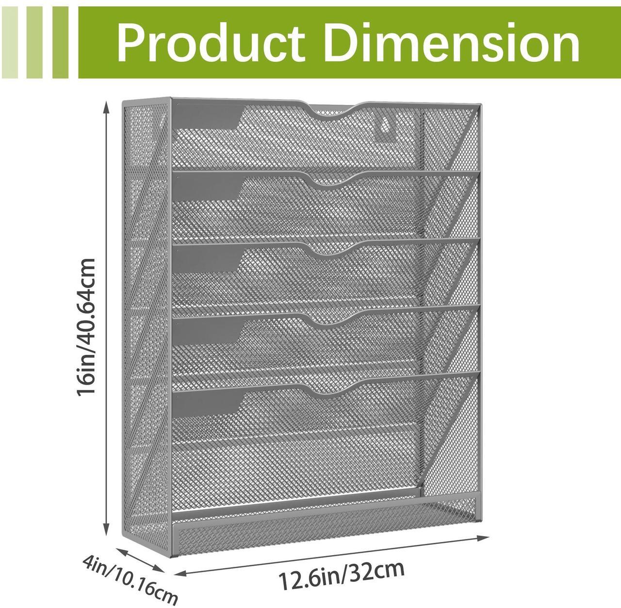Alt view image 3 of 7 - EasyPAG Mesh Wall Hanging File Organizer 5 Tier Letter-sized Desk/Wall Mount File Holder Mail Organizer for Office Home and Classroom, Silver