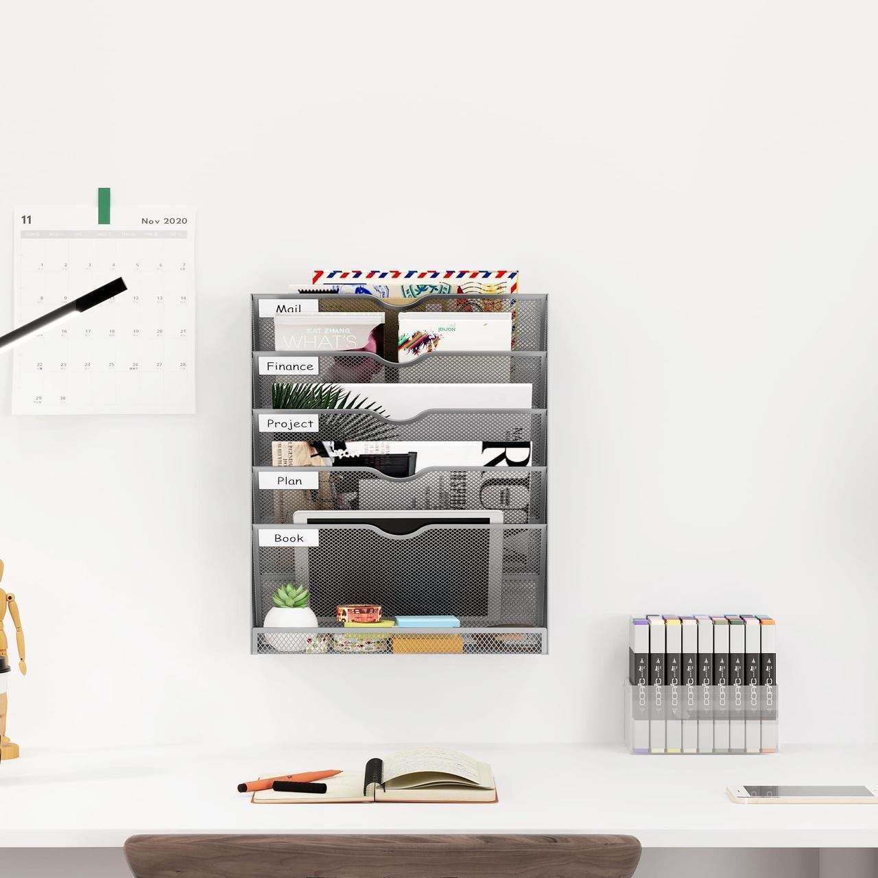 Alt view image 5 of 7 - EasyPAG Mesh Wall Hanging File Organizer 5 Tier Letter-sized Desk/Wall Mount File Holder Mail Organizer for Office Home and Classroom, Silver