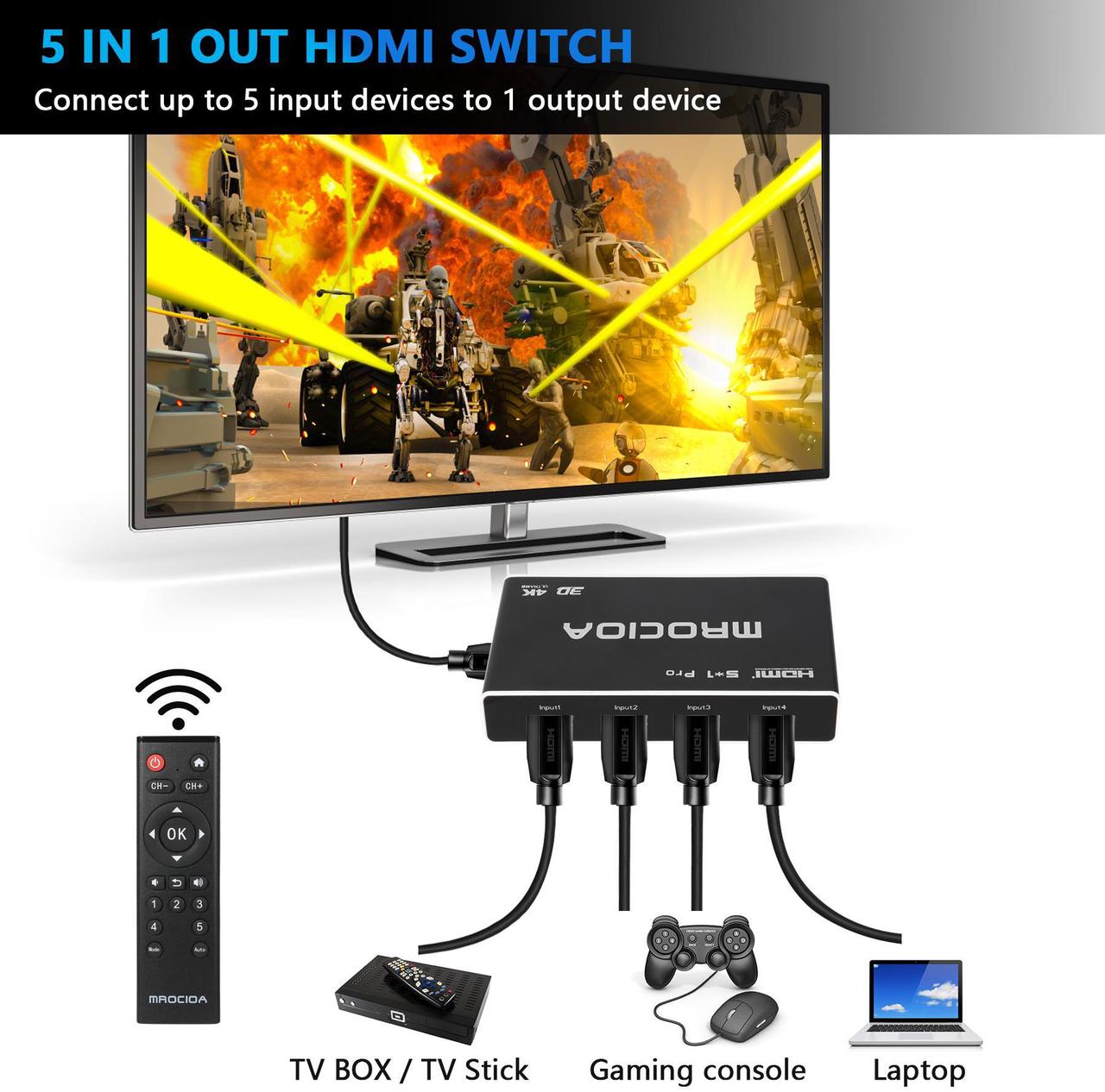 Alt view image 4 of 7 - Mrocioa 4K 60Hz HDMI Switch with ARC, 4k HDMI Splitter, Mrocioa 5port HDMI 2.0 Switch Box with IR Remote for PS5/ XBOX / HDTV/Projector Etc