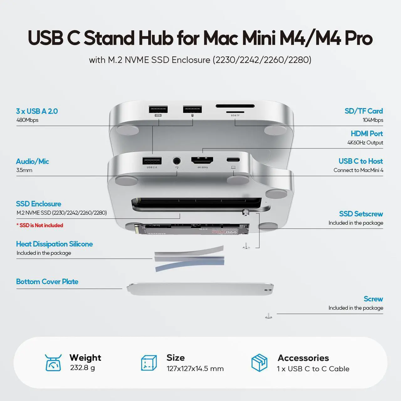 Alt view image 4 of 7 - PULWTOP Mac mini M4 Hub Stand with 4TB M.2 SSD Enclosure (SSD NOT Included), Mac mini M4/ M4 Pro Dock with HDMI 4K 60Hz, 2024 MacMini USB C Hub Accessories, 3 USB A 2.0, SD/TF Card Slots, 3.5mm Audio