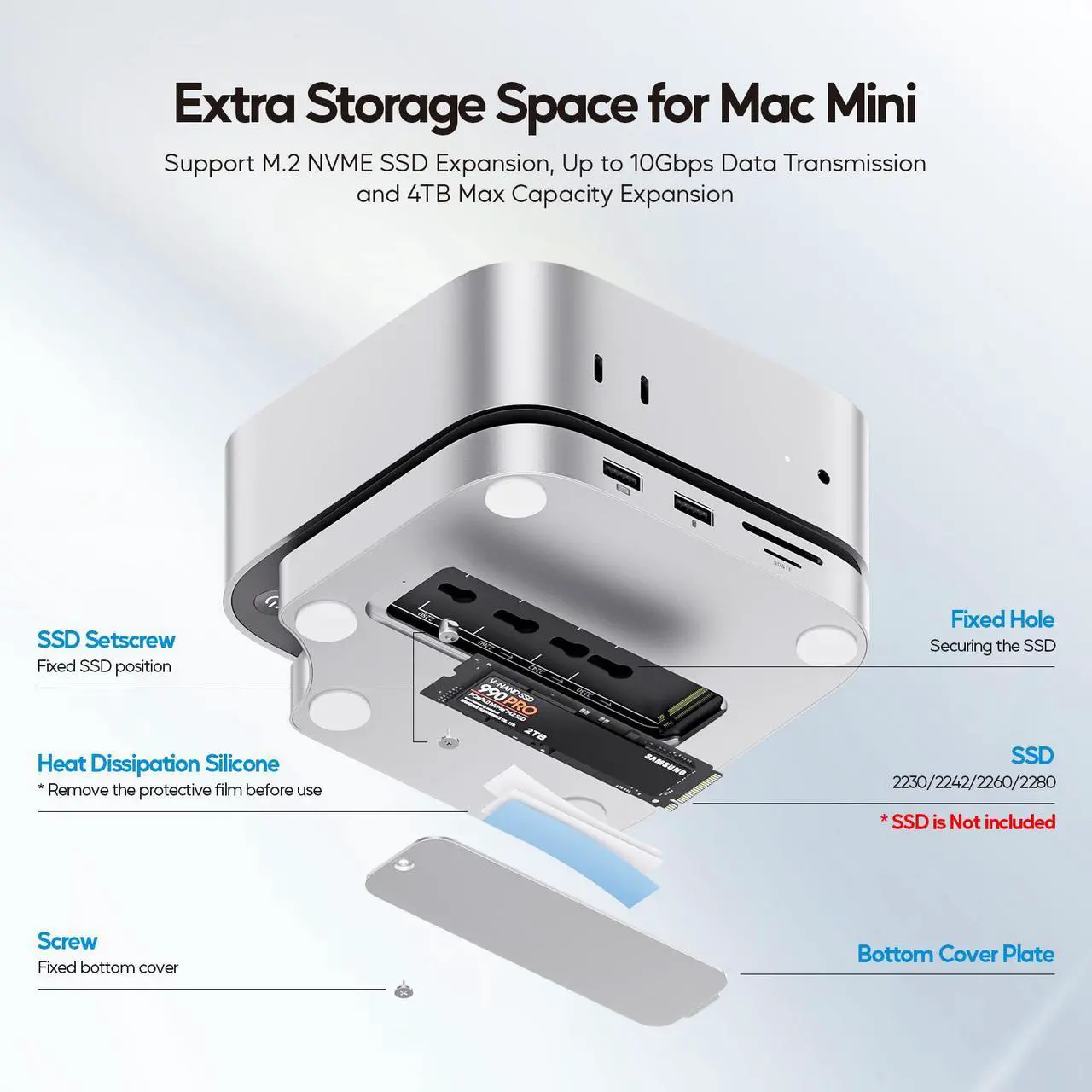 Alt view image 5 of 7 - PULWTOP Mac mini M4 Hub Stand with 4TB M.2 SSD Enclosure (SSD NOT Included), Mac mini M4/ M4 Pro Dock with HDMI 4K 60Hz, 2024 MacMini USB C Hub Accessories, 3 USB A 2.0, SD/TF Card Slots, 3.5mm Audio