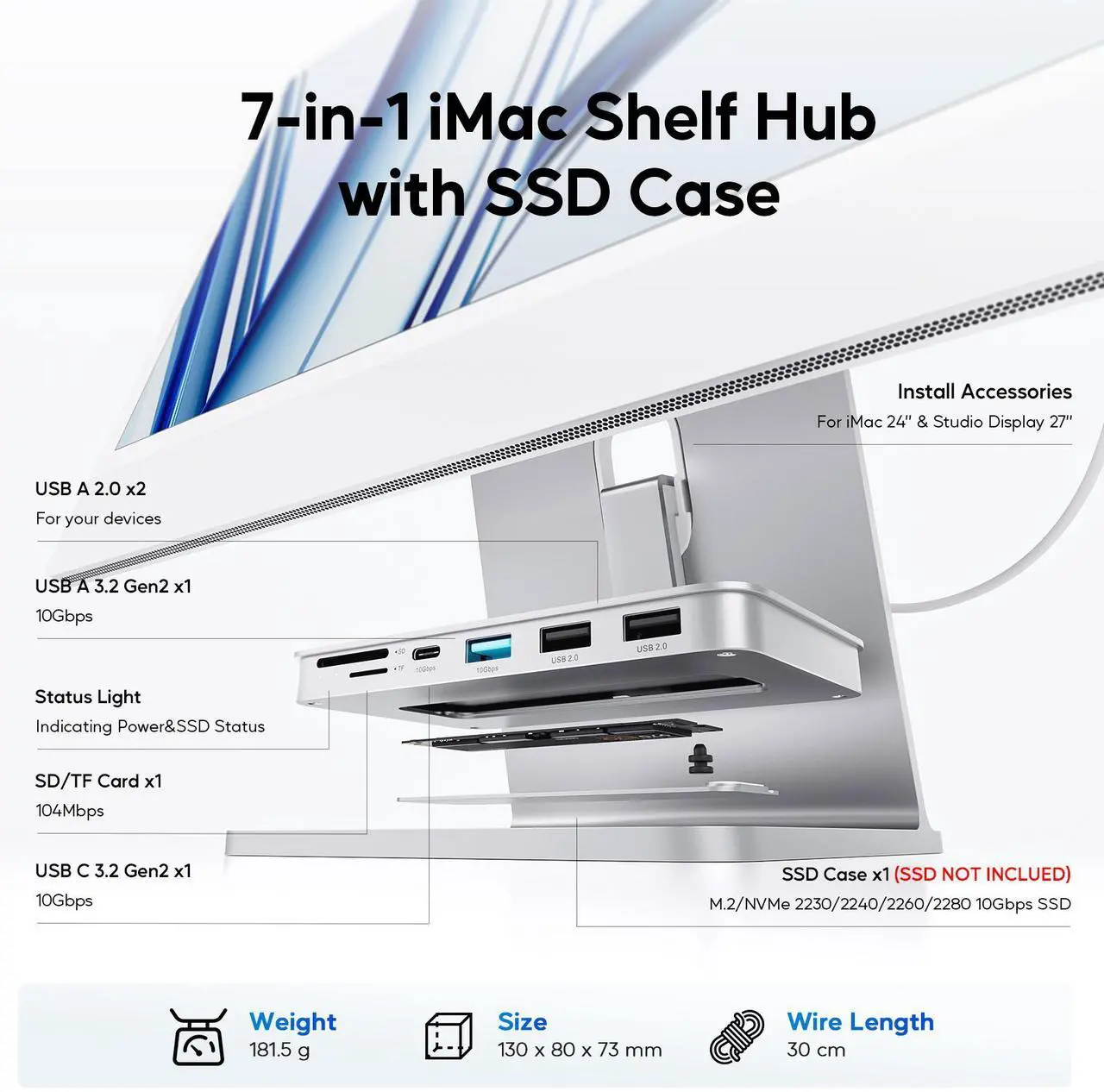 Alt view image 2 of 7 - PULWTOP USB C Hub for iMac - 10Gbps NVMe SATA SSD, USB A/C 10Gbps, 2USB A 2.0, SD/TF for iMac 24 inch & Studio Display 2