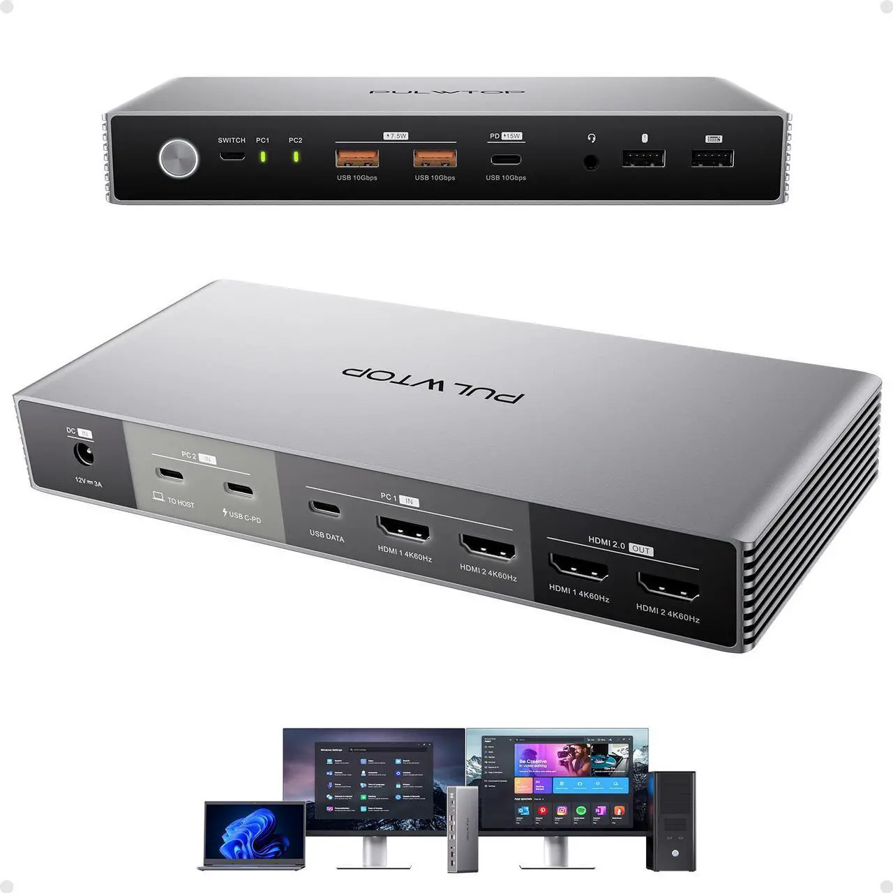 Main image of PULWTOP KVM Switch Docking Station for Laptop & Desktop, 4K EDID KVM Switches Dock Dual Monitor with 2 HDMI, USB A/C 3.2 10Gbps, 15W Charging, Audio, USB C Swtich Docking for Sharing Keyboard Mouse
