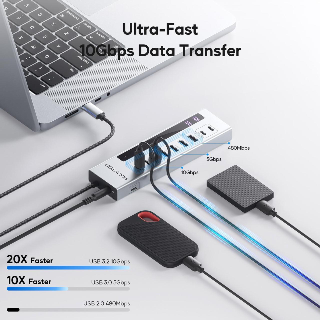 Alt view image 3 of 7 - PULWTOP Powered USB C Hub, 10-in-1 USB 3.2 Data Hub with 3 x USB A/C 10Gbps, 3 x USBA 5Gbps, USB A 2.0, 100W PD-in, 2 x 24/45W Type-C Charging Ports (72W Adapter Included)