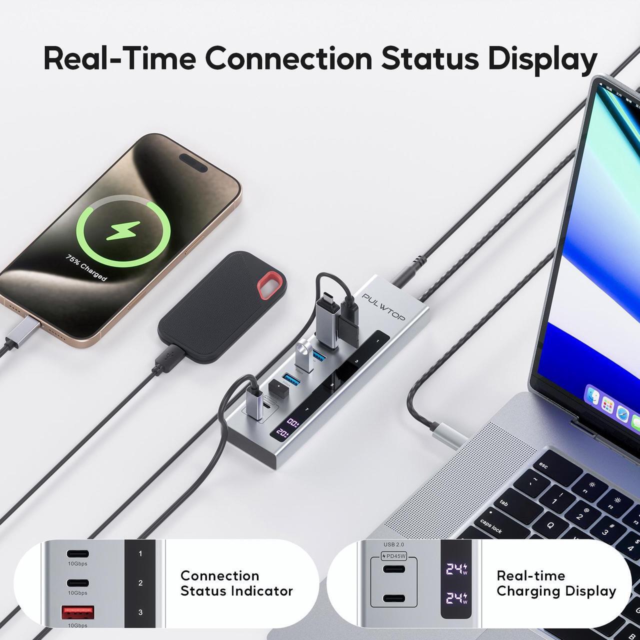 Alt view image 6 of 7 - PULWTOP Powered USB C Hub, 10-in-1 USB 3.2 Data Hub with 3 x USB A/C 10Gbps, 3 x USBA 5Gbps, USB A 2.0, 100W PD-in, 2 x 24/45W Type-C Charging Ports (72W Adapter Included)