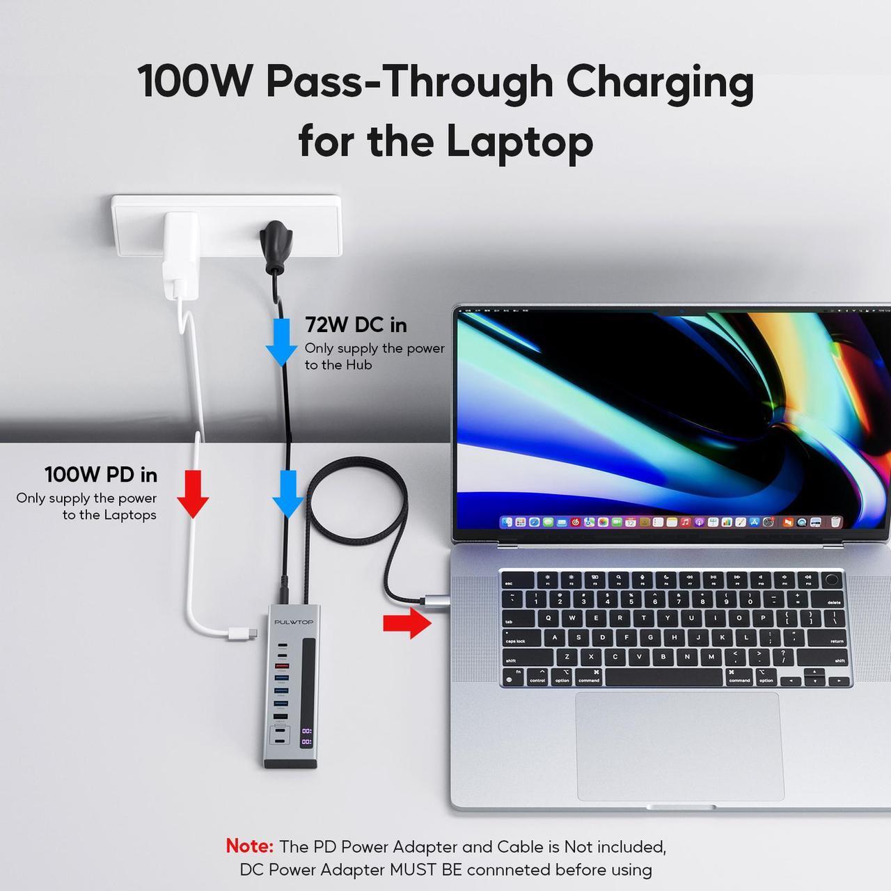 Alt view image 5 of 7 - PULWTOP Powered USB C Hub, 10-in-1 USB 3.2 Data Hub with 3 x USB A/C 10Gbps, 3 x USBA 5Gbps, USB A 2.0, 100W PD-in, 2 x 24/45W Type-C Charging Ports (72W Adapter Included)