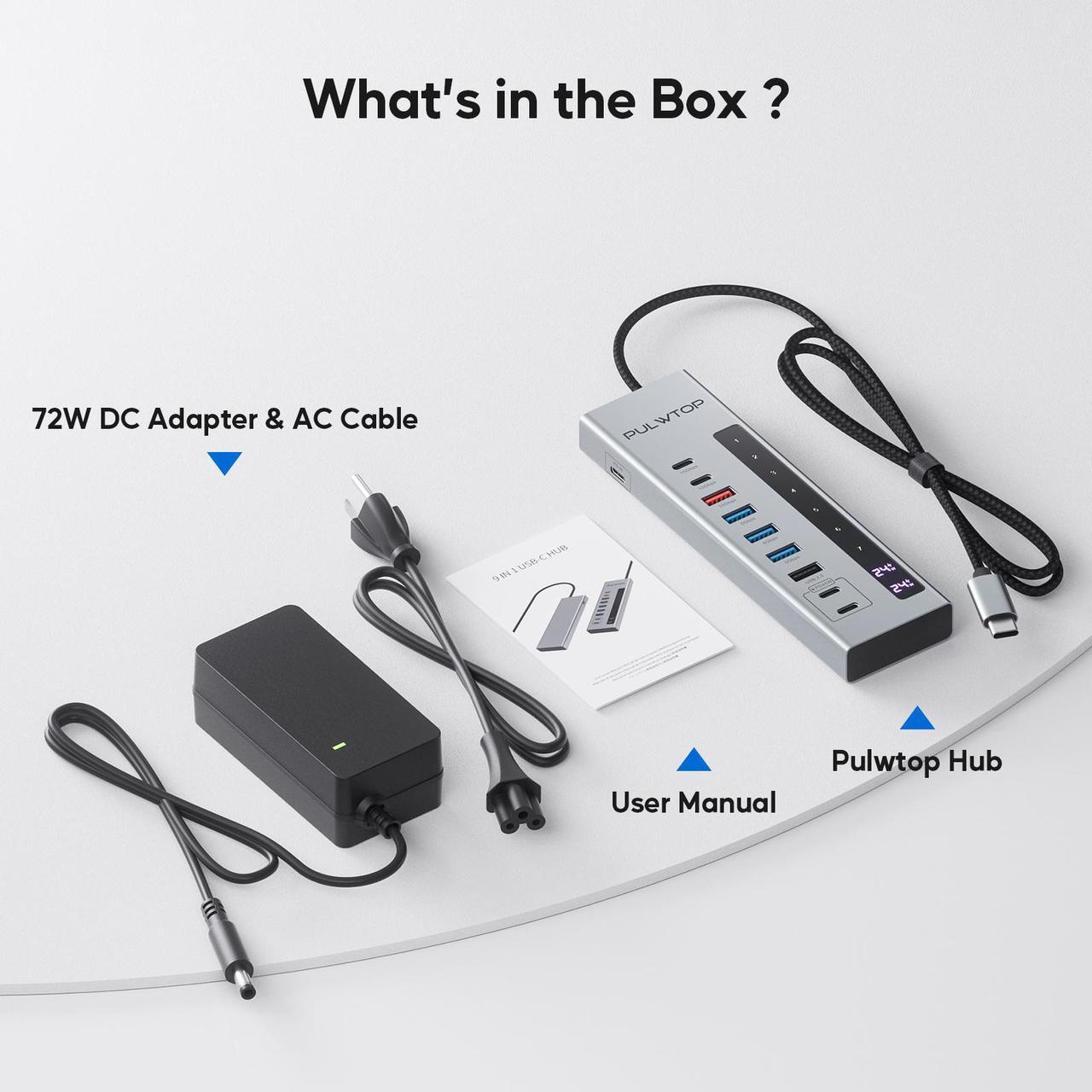 Alt view image 7 of 7 - PULWTOP Powered USB C Hub, 10-in-1 USB 3.2 Data Hub with 3 x USB A/C 10Gbps, 3 x USBA 5Gbps, USB A 2.0, 100W PD-in, 2 x 24/45W Type-C Charging Ports (72W Adapter Included)