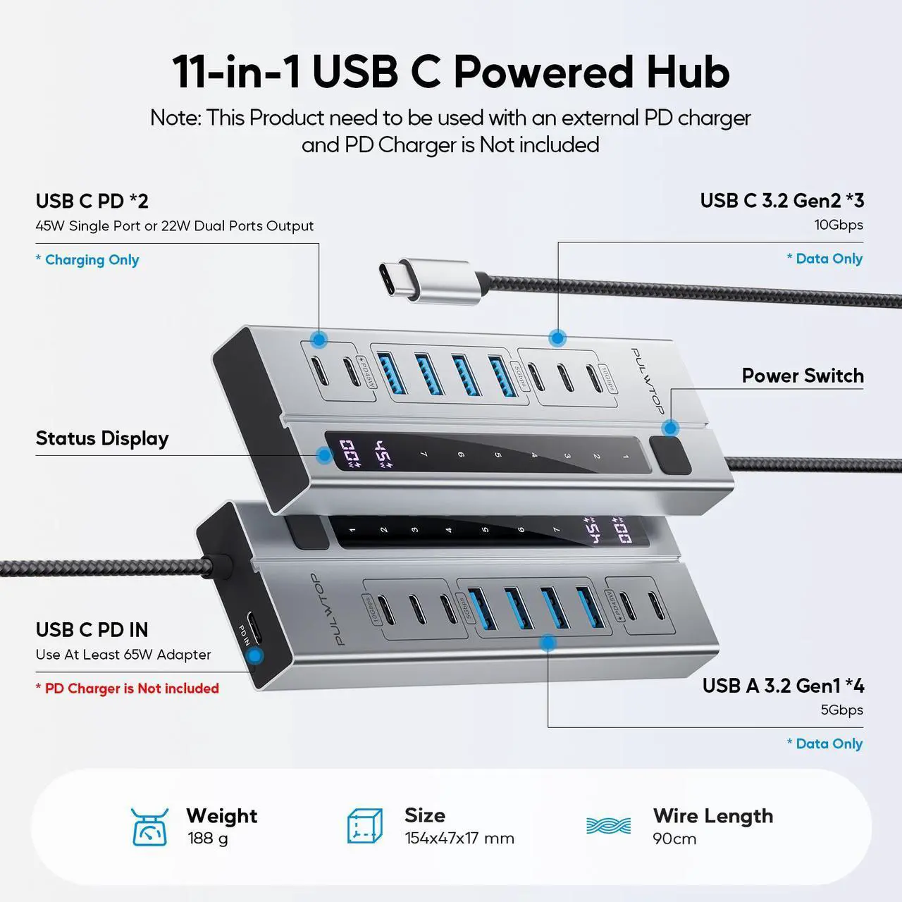 Alt view image 2 of 7 - PULWTOP 9-in-1 USB 3.2 Data Hub, Power Adapter NOT Included, Powered USB C Hub with 3 x USB-C 10Gbps, 4 x USB-A 5Gbps and 2 x 24/45W Type-C PD Charging Ports USB Hub