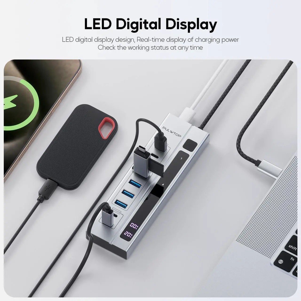 Alt view image 5 of 7 - PULWTOP 9-in-1 USB 3.2 Data Hub, Power Adapter NOT Included, Powered USB C Hub with 3 x USB-C 10Gbps, 4 x USB-A 5Gbps and 2 x 24/45W Type-C PD Charging Ports USB Hub