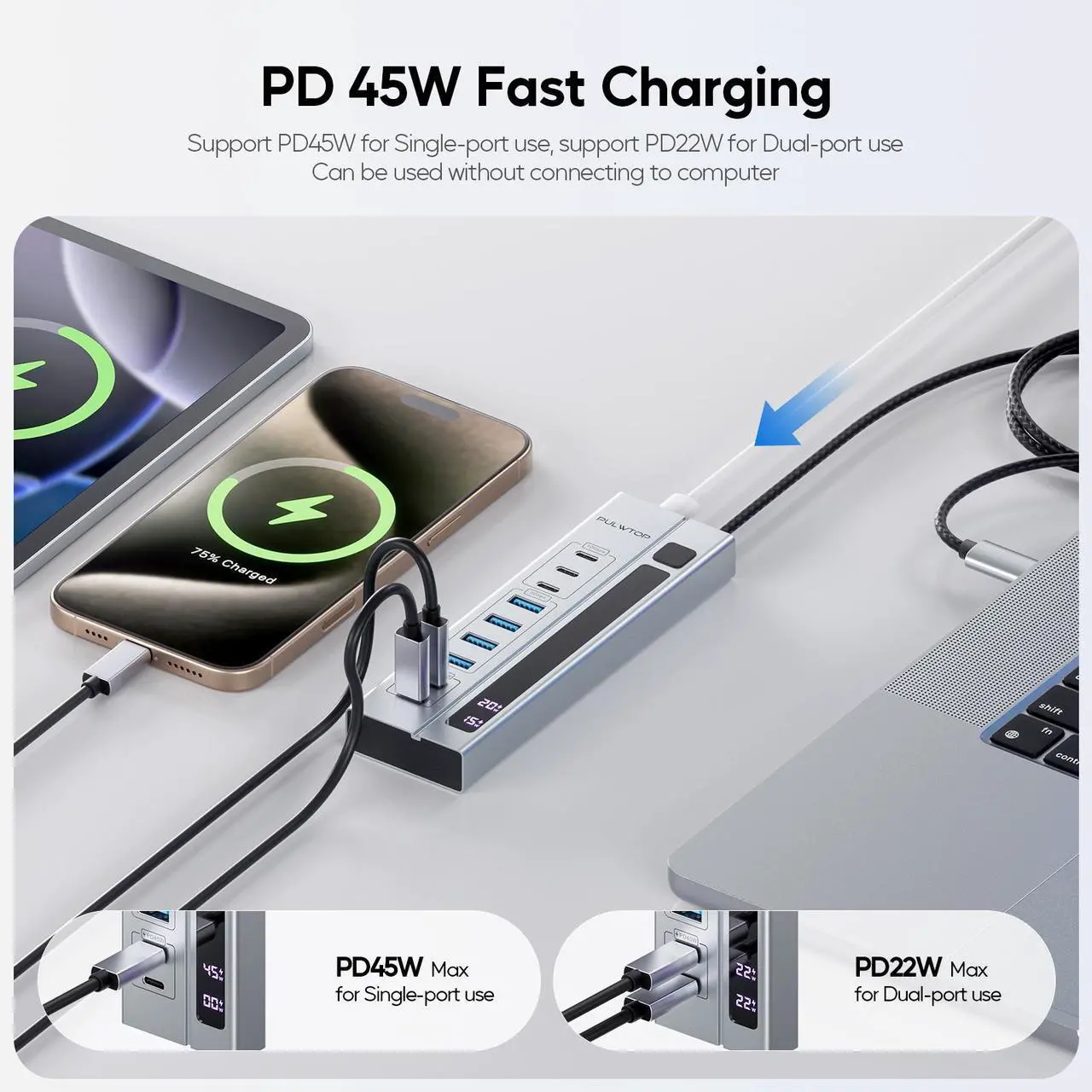 Alt view image 4 of 7 - PULWTOP 9-in-1 USB 3.2 Data Hub, Power Adapter NOT Included, Powered USB C Hub with 3 x USB-C 10Gbps, 4 x USB-A 5Gbps and 2 x 24/45W Type-C PD Charging Ports USB Hub