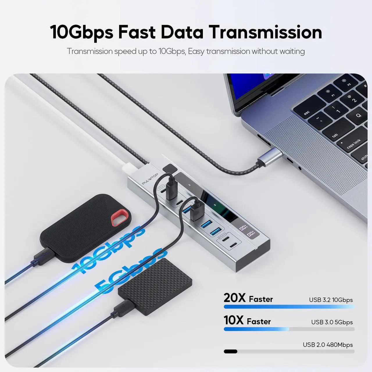 Alt view image 3 of 7 - PULWTOP 9-in-1 USB 3.2 Data Hub, Power Adapter NOT Included, Powered USB C Hub with 3 x USB-C 10Gbps, 4 x USB-A 5Gbps and 2 x 24/45W Type-C PD Charging Ports USB Hub