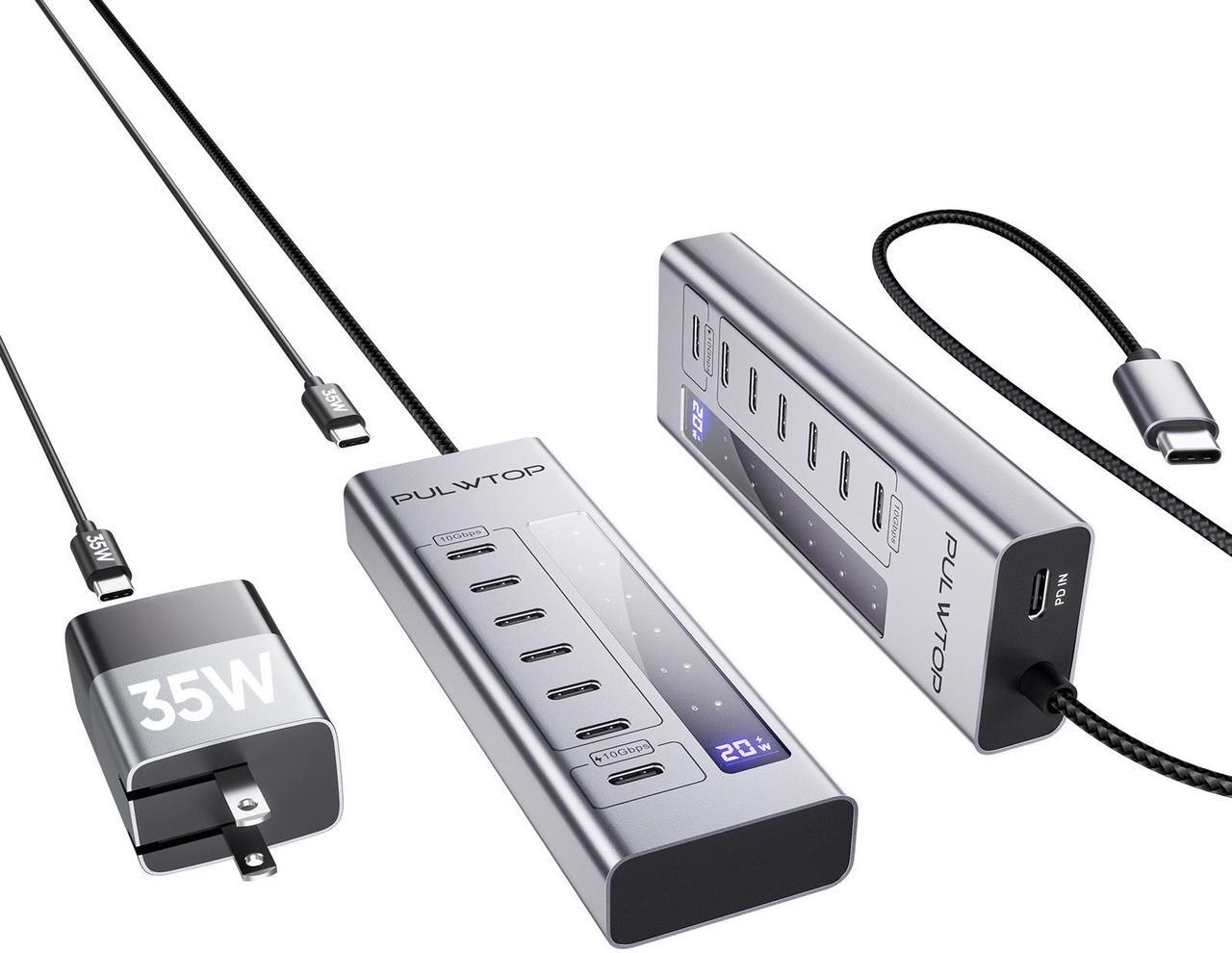 Main image of PULWTOP Powered USB C Hub, 7 in 1 USB C Hub Support Data 10Gbps & Charging(Not Support Video), USB C Powered Hub 10Gbps Ports for iMac, MacBook Pro/Air, iPad, XPS, USB Hub with 35W PD Power Adapter