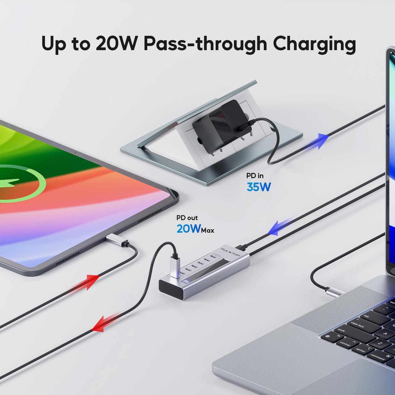 Alt view image 3 of 7 - PULWTOP Powered USB C Hub, 7 in 1 USB C Hub Support Data 10Gbps & Charging(Not Support Video), USB C Powered Hub 10Gbps Ports for iMac, MacBook Pro/Air, iPad, XPS, USB Hub with 35W PD Power Adapter