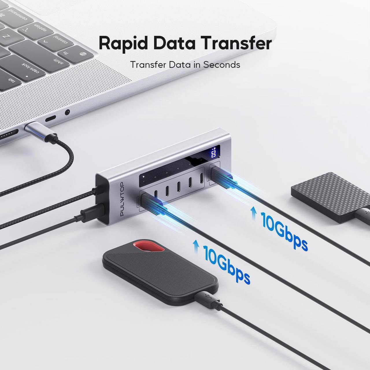 Alt view image 4 of 7 - PULWTOP Powered USB C Hub, 7 in 1 USB C Hub Support Data 10Gbps & Charging(Not Support Video), USB C Powered Hub 10Gbps Ports for iMac, MacBook Pro/Air, iPad, XPS, USB Hub with 35W PD Power Adapter