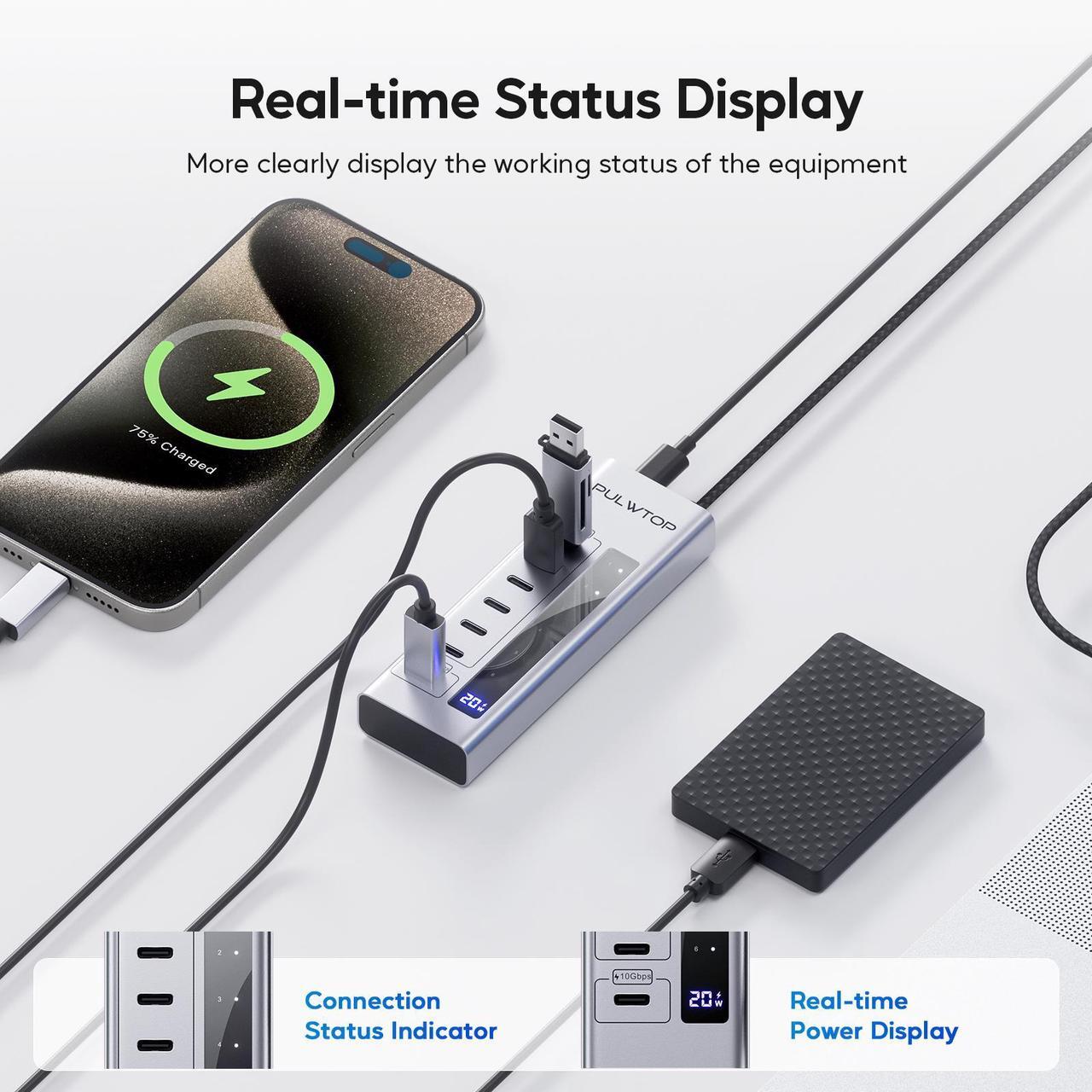 Alt view image 5 of 7 - PULWTOP Powered USB C Hub, 7 in 1 USB C Hub Support Data 10Gbps & Charging(Not Support Video), USB C Powered Hub 10Gbps Ports for iMac, MacBook Pro/Air, iPad, XPS, USB Hub with 35W PD Power Adapter