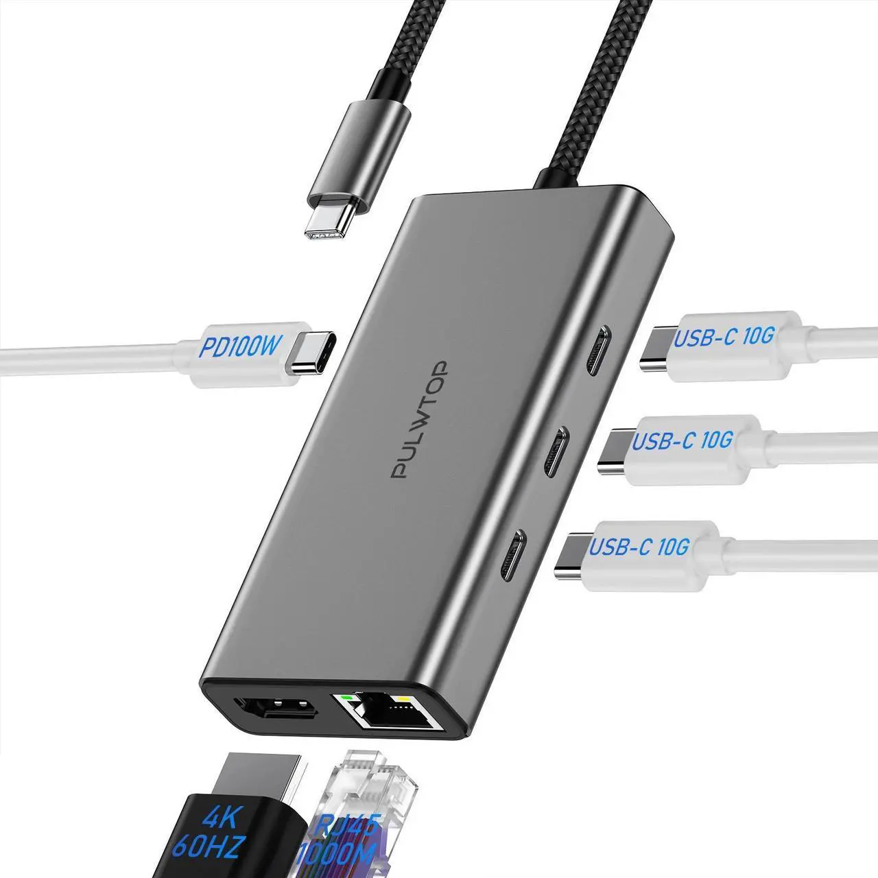 Main image of PULWTOP Laptop Docking Station 6 in 1 USB C HUB Multiport Adapter Dock with 4 * 10Gbps USB C Port,1*HDMI@4K60Hz,100 W PD Charger,Gigabit Ethernet for Laptop