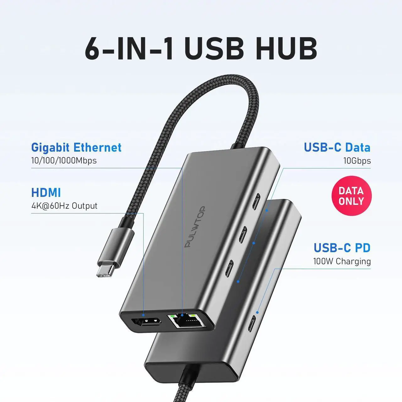 Alt view image 2 of 7 - PULWTOP Laptop Docking Station 6 in 1 USB C HUB Multiport Adapter Dock with 4 * 10Gbps USB C Port,1*HDMI@4K60Hz,100 W PD Charger,Gigabit Ethernet for Laptop