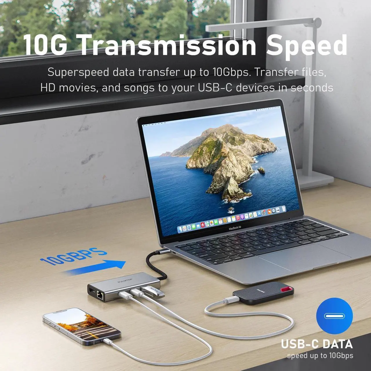 Alt view image 4 of 7 - PULWTOP Laptop Docking Station 6 in 1 USB C HUB Multiport Adapter Dock with 4 * 10Gbps USB C Port,1*HDMI@4K60Hz,100 W PD Charger,Gigabit Ethernet for Laptop