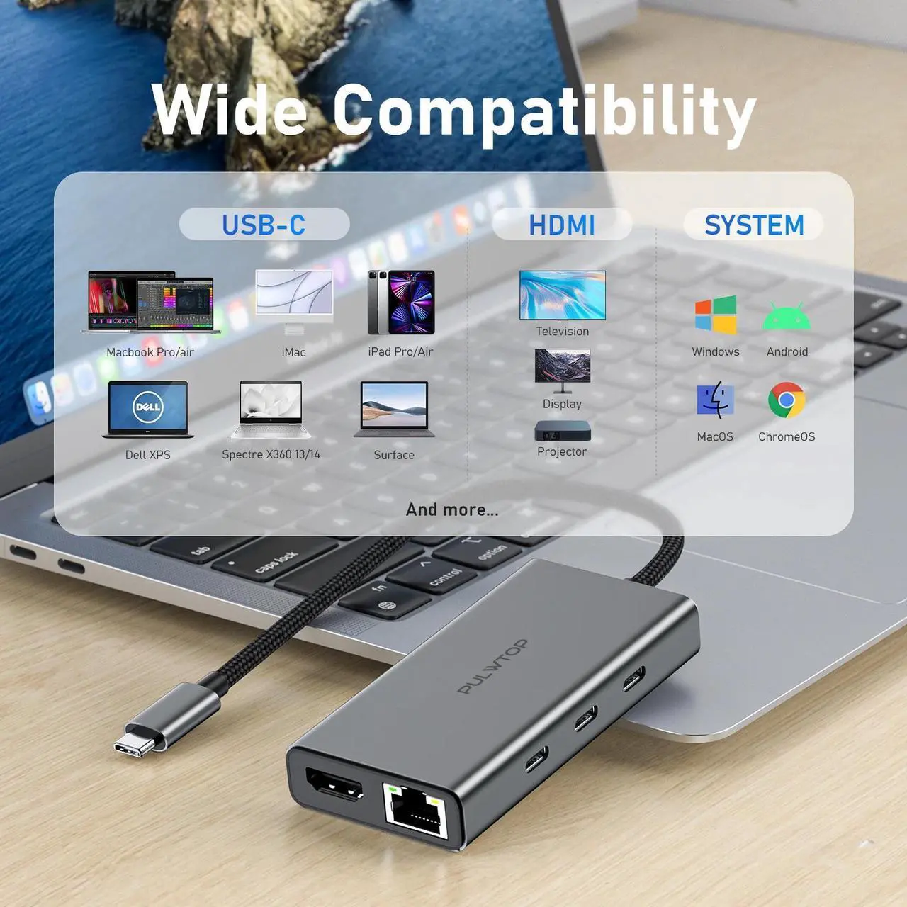 Alt view image 7 of 7 - PULWTOP Laptop Docking Station 6 in 1 USB C HUB Multiport Adapter Dock with 4 * 10Gbps USB C Port,1*HDMI@4K60Hz,100 W PD Charger,Gigabit Ethernet for Laptop
