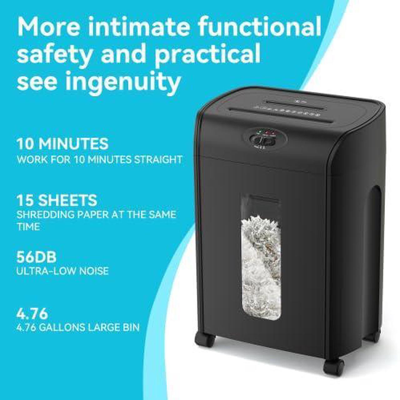 Alt view image 3 of 7 - OZwest 15-Sheet Cross Cut Paper Shredder,4.76 Gallons Heavy Duty Paper/CD/Card Ultra Quitet Shredder for Home and Office