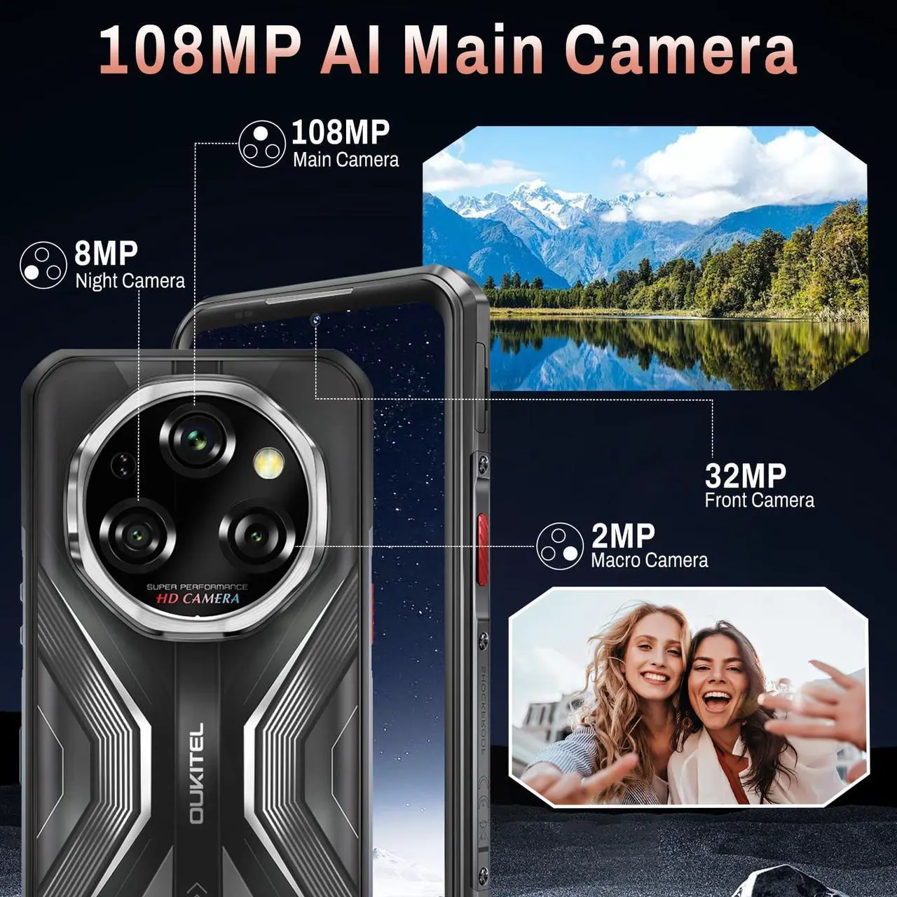 Alt view image 6 of 7 - OUKITEL WP55 Android 15 Rugged Phone Unlocked 5G- 36GB+256GB/TF 2TB Rugged Smartphone, 11000mAh(33W) Battery, 6.6" FHD+120HZ Display, 108MP Camera, 5G Dual SIM Phone, NFC/GPS/OTG/IP68/IP69K, T-Mobile