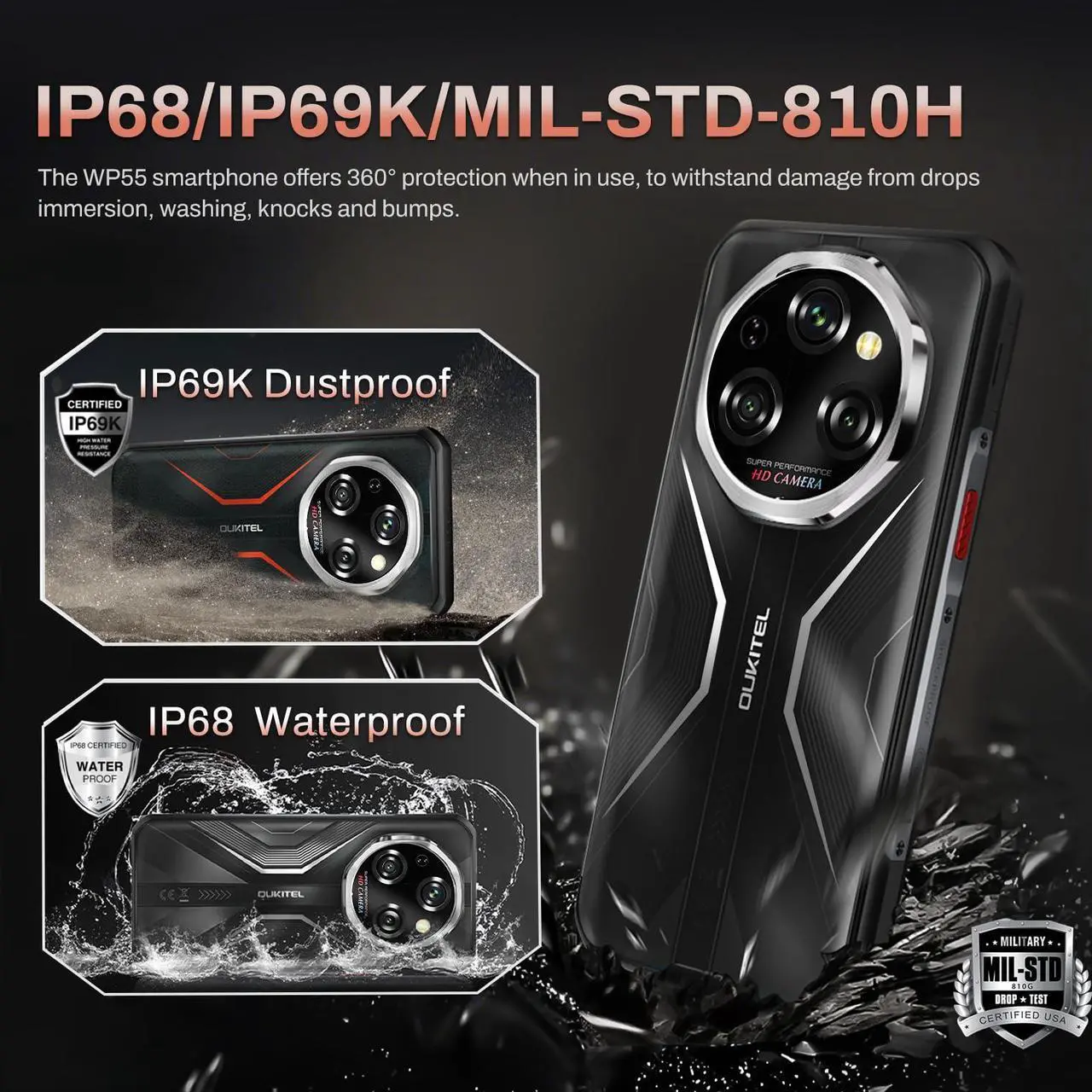 Alt view image 7 of 7 - OUKITEL WP55 Android 15 Rugged Phone Unlocked 5G- 36GB+256GB/TF 2TB Rugged Smartphone, 11000mAh(33W) Battery, 6.6" FHD+120HZ Display, 108MP Camera, 5G Dual SIM Phone, NFC/GPS/OTG/IP68/IP69K, T-Mobile