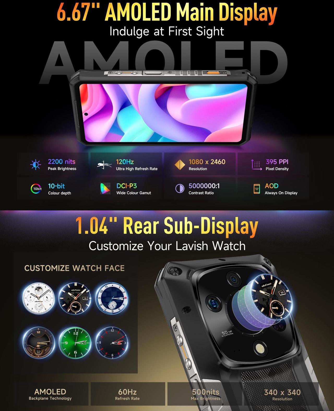 Alt view image 4 of 7 - Ulefone Armor 28 Pro 5G AI Rugged Phone, 32GB+512GB/2TB Expansion, MTK Dimensity 7300, 6.67" AMLOD Dual Screen, 64MP+50MP+50MP Real Camera, 10600mAh/120W, 50W Wireless Charging, WiFi 6E, Widevine L1