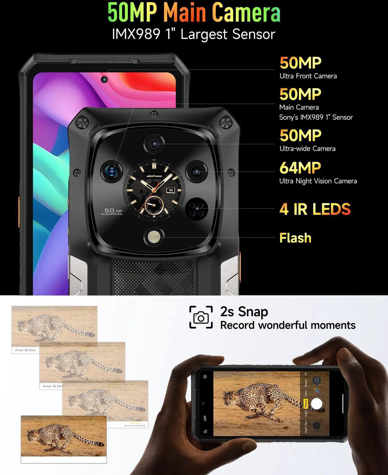 Alt view image 5 of 7 - Ulefone Armor 28 Ultra 5G AI Rugged Phone, 32GB+1TB/2TB Expansion, MTK Dimensity 9300+ 12-Core, 6.67" AMLOD Dual Screen, 64MP+50MP+50MP Real Camera, 10600mAh/120W, IP68/IP69K, 8K Video +CASE