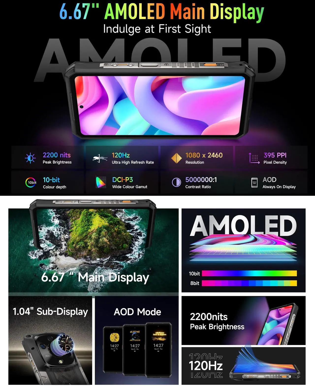 Alt view image 6 of 7 - Ulefone Armor 28 Ultra 5G AI Rugged Phone, 32GB+1TB/2TB Expansion, MTK Dimensity 9300+ 12-Core, 6.67" AMLOD Dual Screen, 64MP+50MP+50MP Real Camera, 10600mAh/120W, IP68/IP69K, 8K Video +CASE