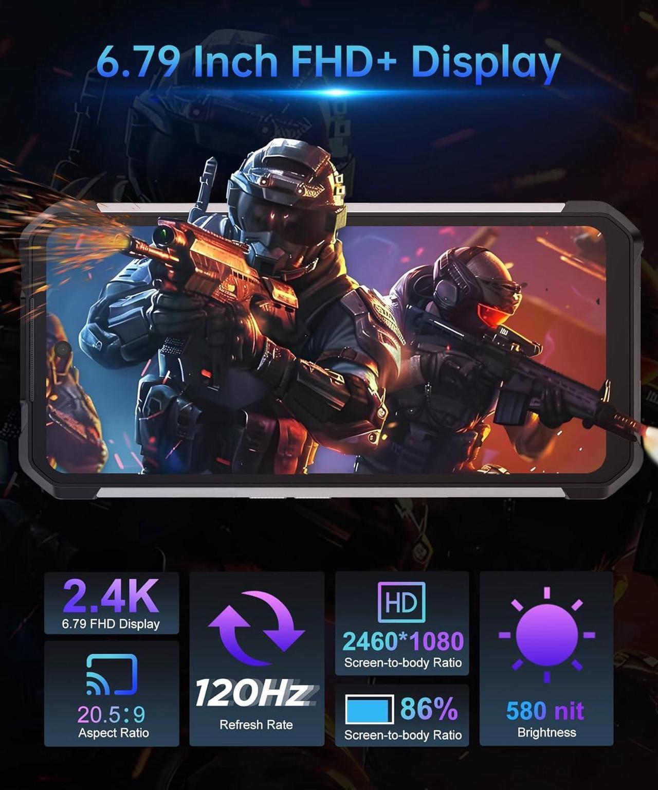 Alt view image 7 of 7 - 8849 Shark Rugged Smartphone, Android 14 5G Mobile Phones Unlocked with Camping Light, 24GB RAM+256GB ROM, 6.79" Waterproof Rugged Cell Phone 15600mAh Battery, 64MP Night Vision/1TB Expand/OTG/GPS
