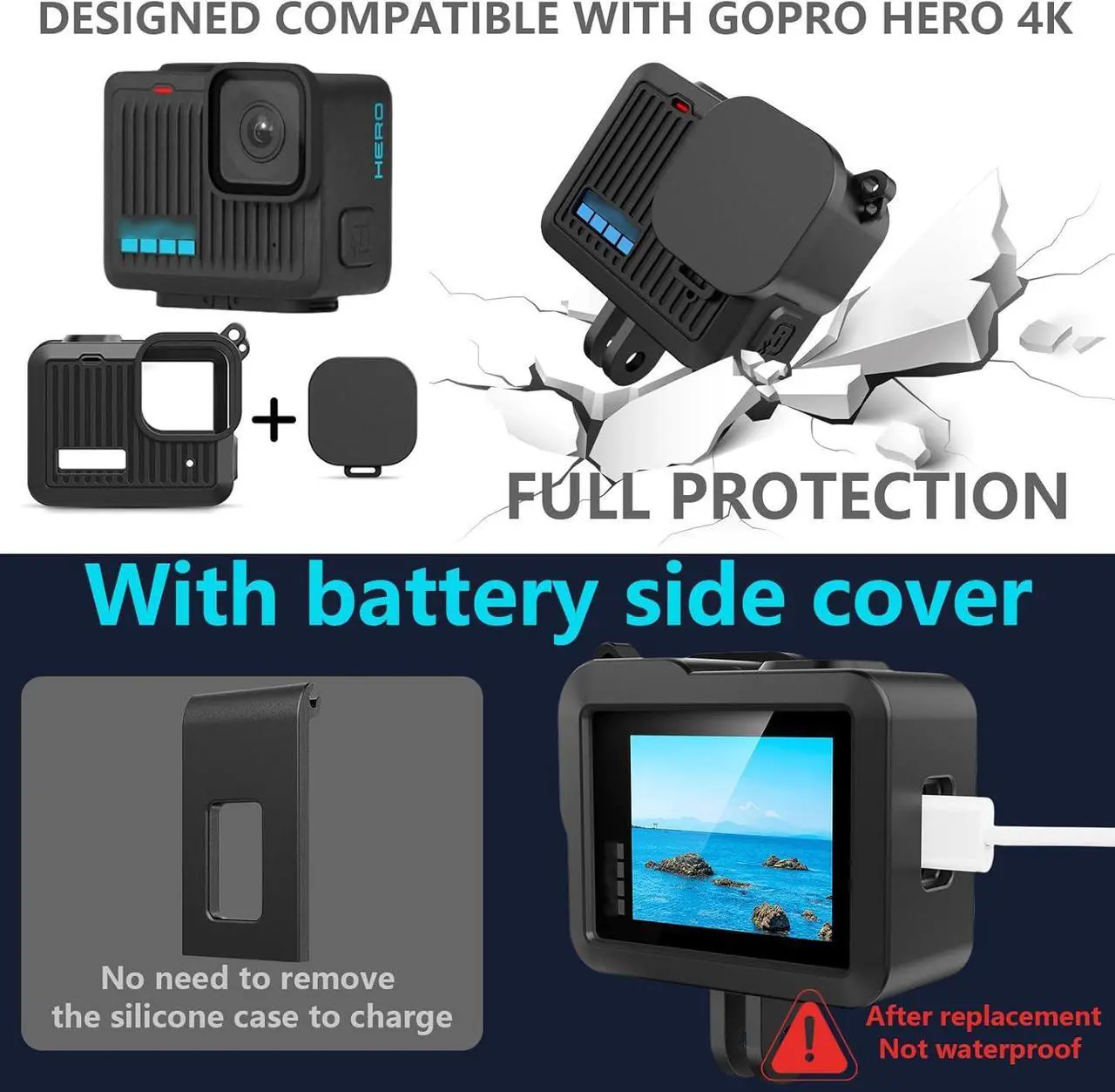 Alt view image 2 of 7 - WERLEO Silicone Case for GoPro Hero 4K - Protective Sleeve with Battery Cover, Screen Protectors, Lens Caps & Mount Kit Flexible Adhesive Helmet Sticky Mounts for GoPro Hero 4K Accessories