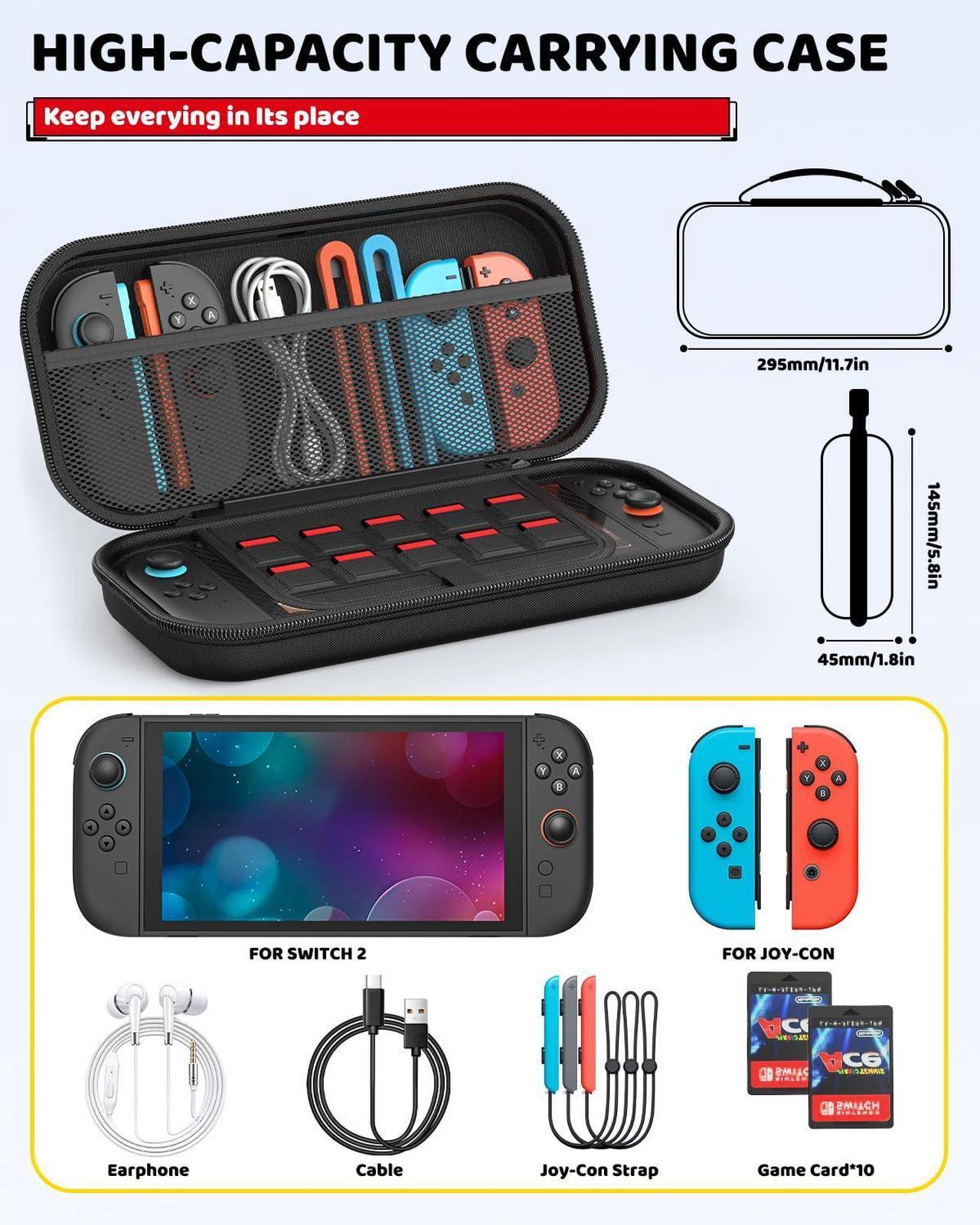 Alt view image 4 of 7 - WERLEO Accessories for Nintendo Switch 2 2025, Portable Hard Shell Carrying Case with 2 HD Screen Protectors, TPU Protective Skin, Dust Plugs Kit, 4 Thumb Grips Switch 2 Accessories Bundle