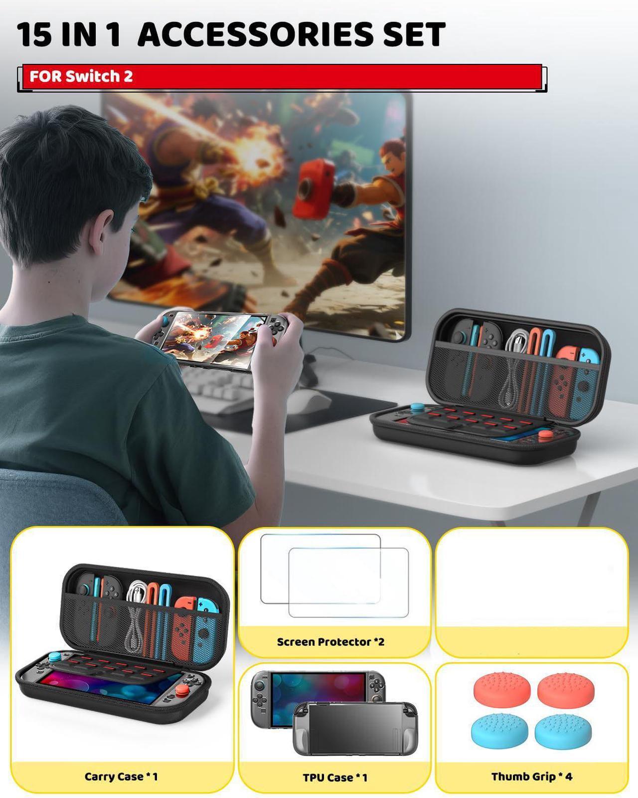 Alt view image 6 of 7 - WERLEO Accessories for Nintendo Switch 2 2025, Portable Hard Shell Carrying Case with 2 HD Screen Protectors, TPU Protective Skin, Dust Plugs Kit, 4 Thumb Grips Switch 2 Accessories Bundle