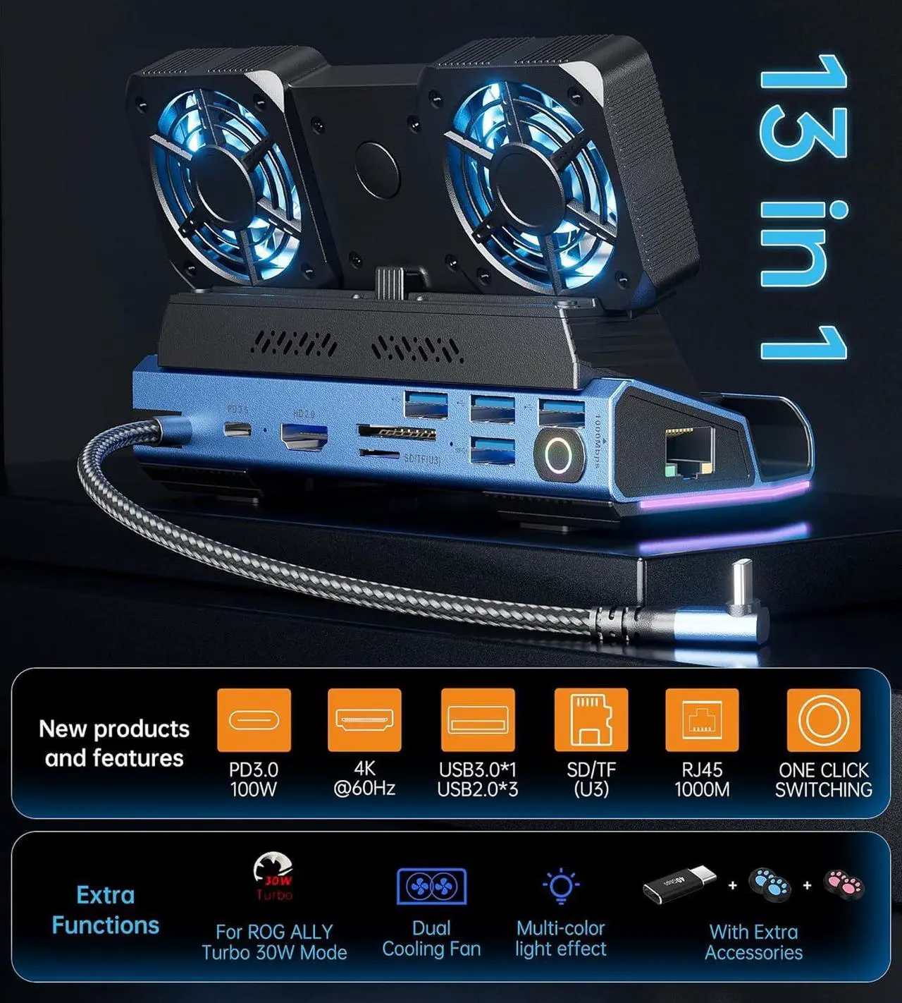 Alt view image 4 of 6 - WERLEO Steam Deck OLED & ROG Ally X & Legion GO - 10-in-1 Docking Station Dismantling Dual Cool Fans Steam, 4K@60Hz, 4 USB Ports, 100W PD Charging, Gigabit Ethernet Fit for Steam Deck