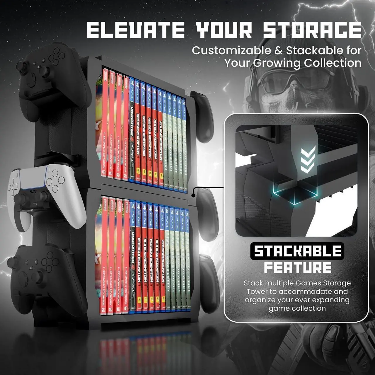 Alt view image 3 of 7 - WERLEO Games Storage Tower (Up to 15 CD Disc) For PS5 Game Disk Rack and Controller Stand Holder For Xbox Series X/Nintendo Switch/PS4 Controller Stand Holder Can hold up to 4 controller