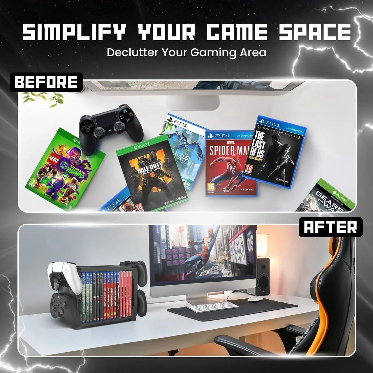 Alt view image 5 of 7 - WERLEO Games Storage Tower (Up to 15 CD Disc) For PS5 Game Disk Rack and Controller Stand Holder For Xbox Series X/Nintendo Switch/PS4 Controller Stand Holder Can hold up to 4 controller