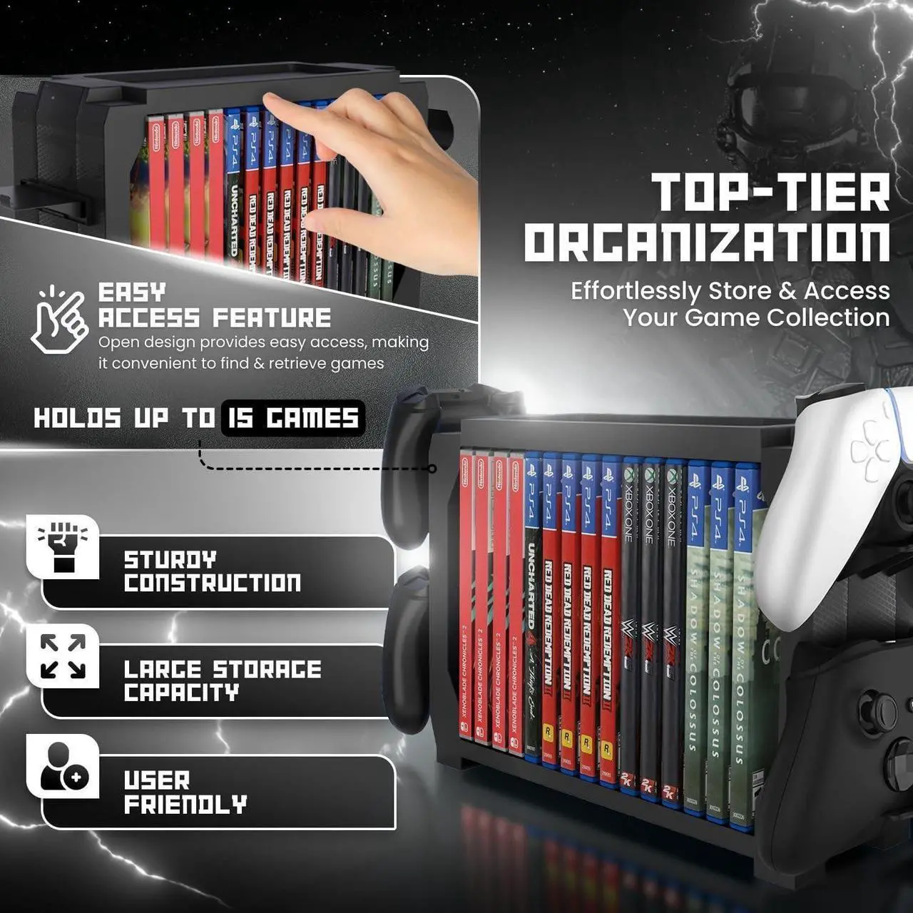 Alt view image 4 of 7 - WERLEO Games Storage Tower (Up to 15 CD Disc) For PS5 Game Disk Rack and Controller Stand Holder For Xbox Series X/Nintendo Switch/PS4 Controller Stand Holder Can hold up to 4 controller