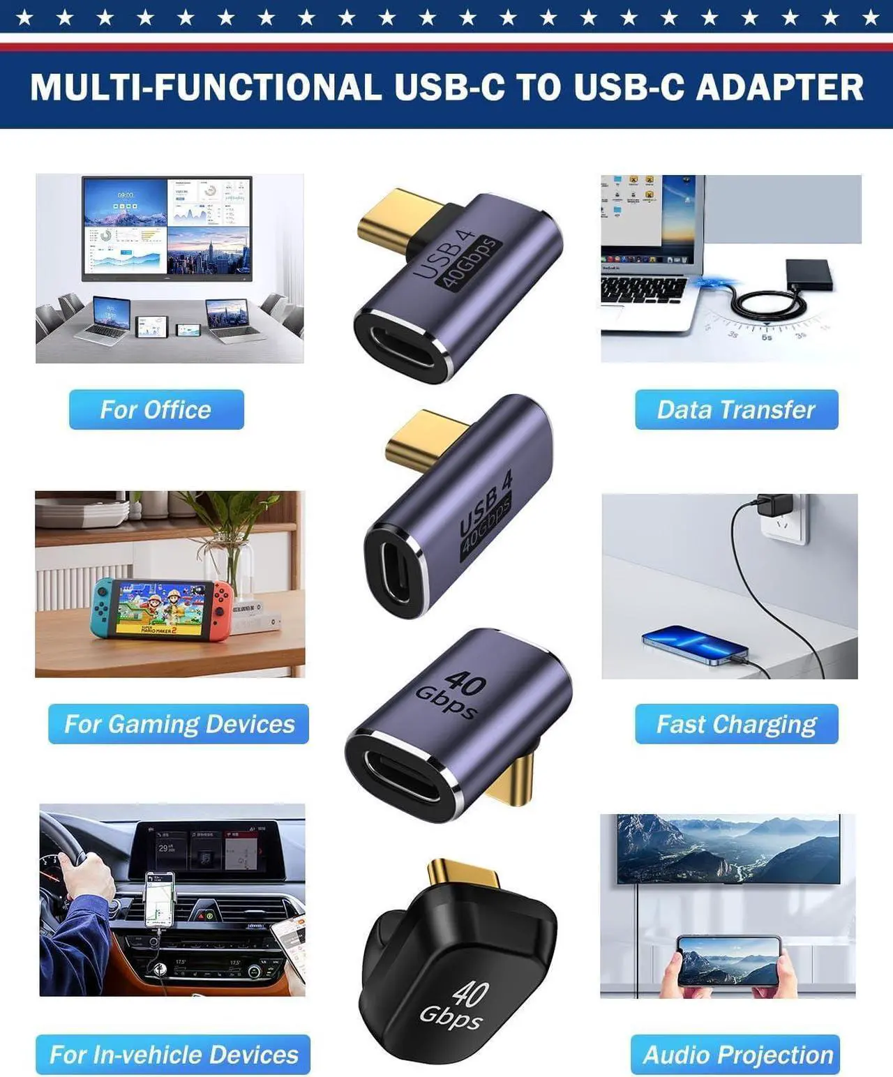 Alt view image 7 of 7 - WERLEO 4 Mixed USB C Adapter USB 4.0/Thunderbolt 4 with 100W 40Gbps 90/180 Degree Right Angle, U Shape Connector Extender for Mobile Phone, Switch, Steam Deck, Tablet, Laptop